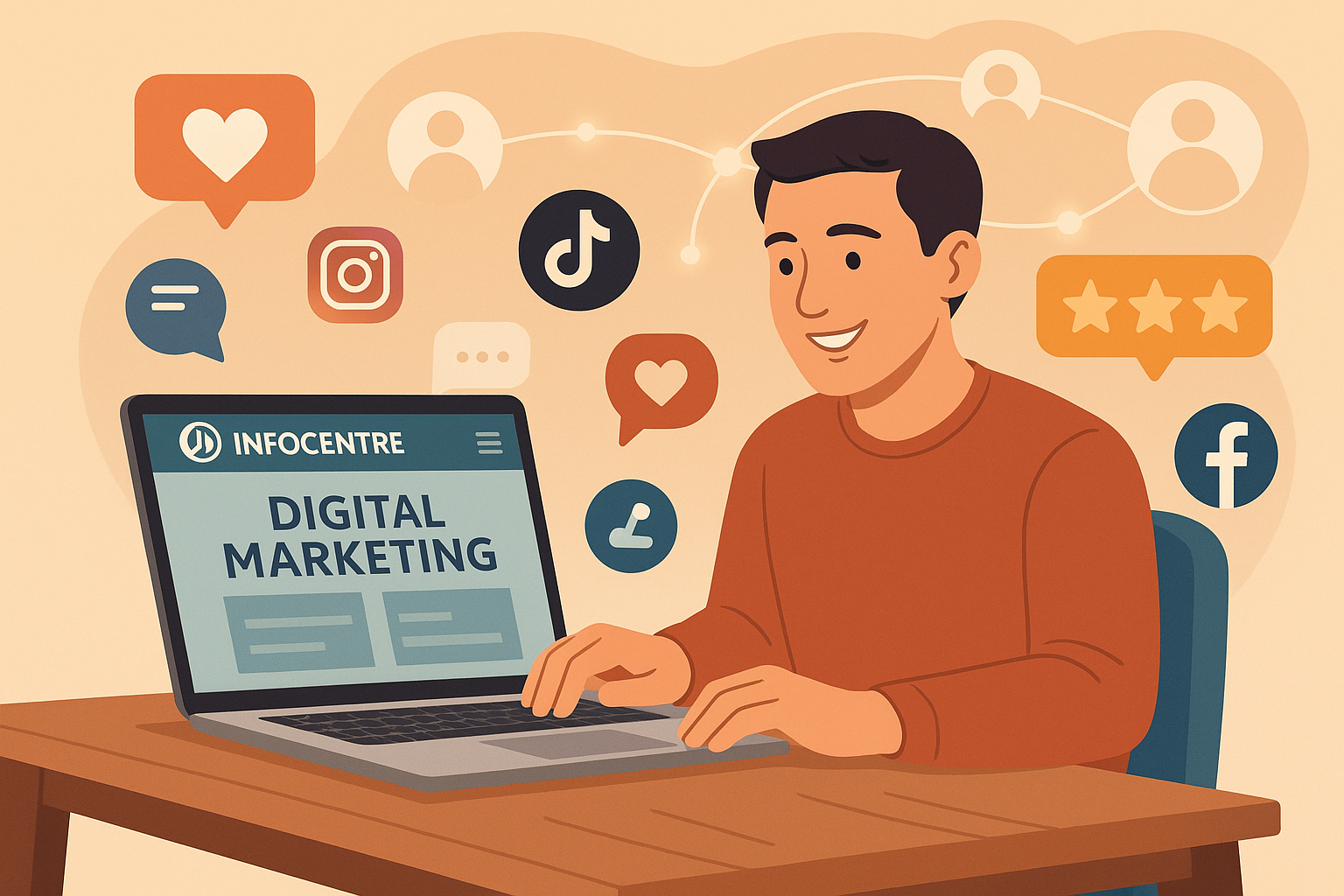 Flat-style illustration of a digital marketer using storytelling to engage an online audience, representing the power of storytelling in digital marketing.